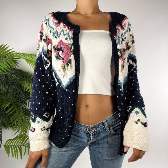 Vintage 90s Blue Floral Cottagecore Soft Girl Grandma Knit Sweater Cardigan / M - Picture 3 of 7